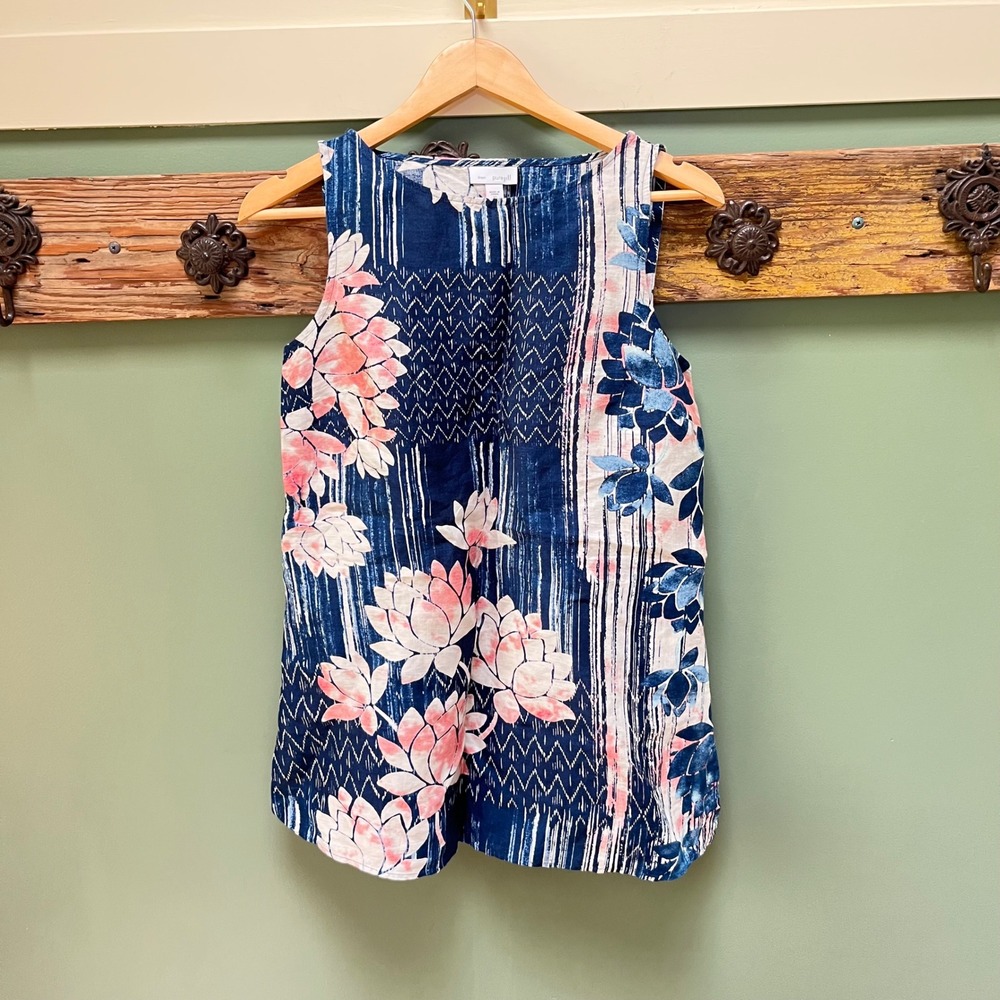 Pure Jill J. Jill Womens XS Linen Sleeveless Top Indigo Pink Lotus Floral Shell